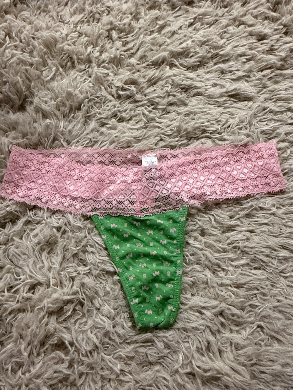 NWT Y2K Vintage Victoria's Secret Thong Green with Pink Dogs XSmall